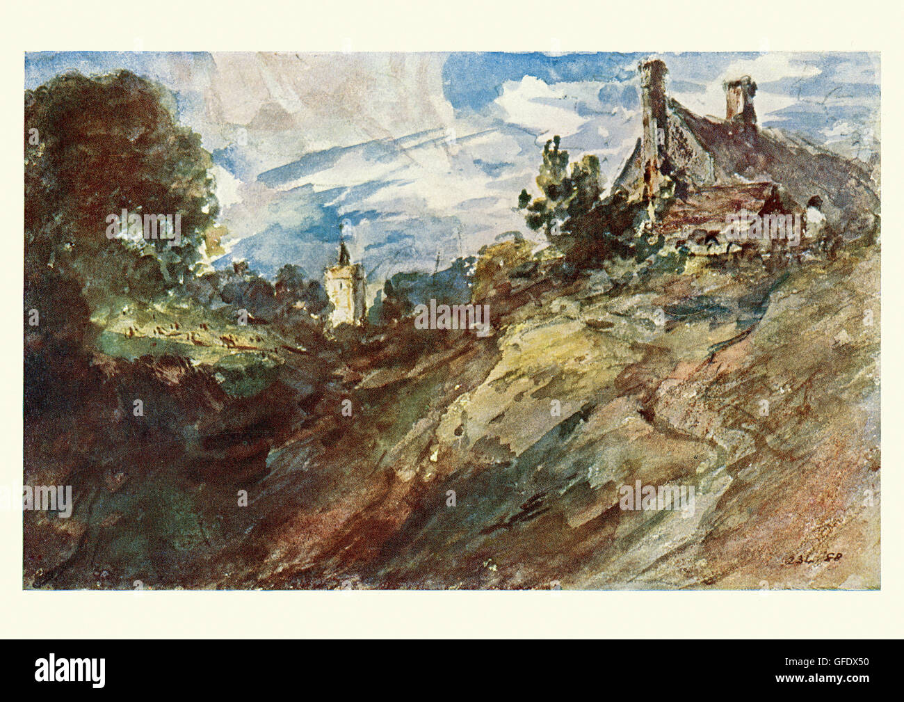 Paesaggio con un cottage, dopo l'acquerello da John Constable Foto Stock