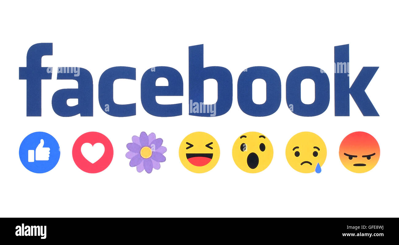 Kiev, Ucraina - 09 Maggio 2016: Nuovo Facebook Like Button empatici reazioni Emoji con fiore stampato su carta bianca Foto Stock