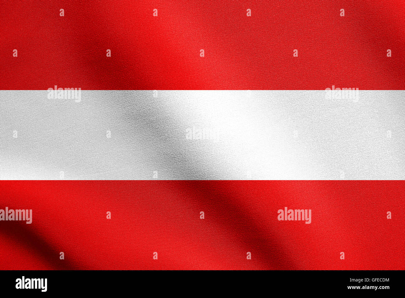 Bandiera dell'Austria sventolare nel vento con tessuto dettagliate texture. Bandiera austriaca. Foto Stock
