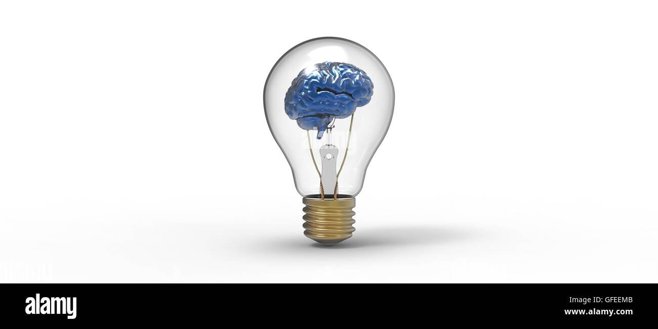 Cervello blu in un bulbo di luce Foto Stock