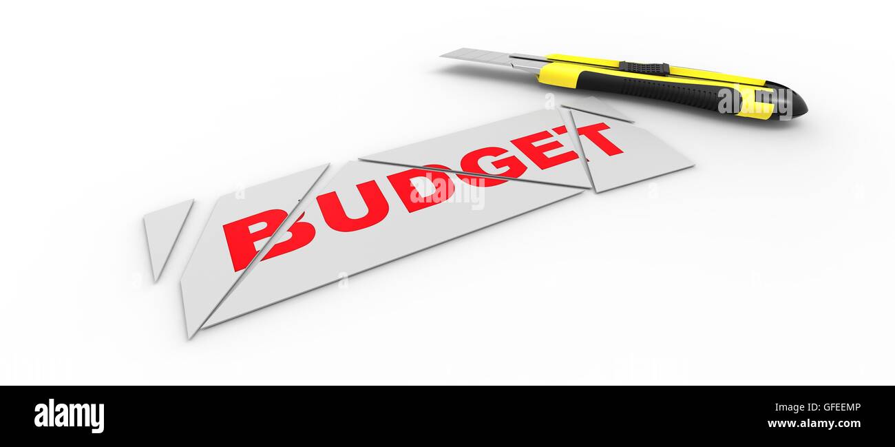 Una carta con parola di bilancio su di esso, tagliare con un coltello. Foto Stock