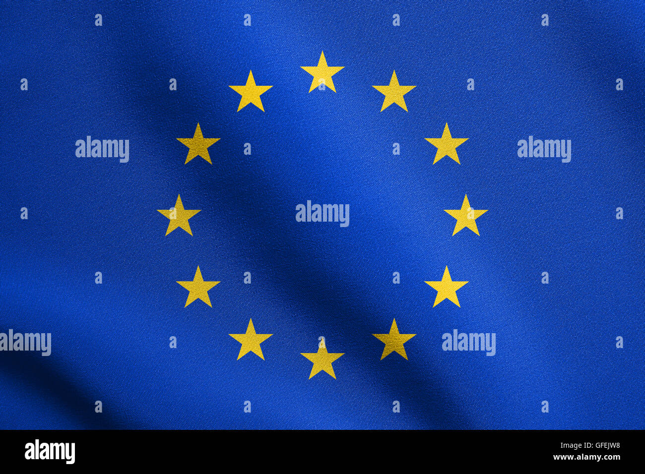Bandiera dell'Europa sventolare nel vento con tessuto dettagliate texture. Bandiera dell'Unione europea. Foto Stock