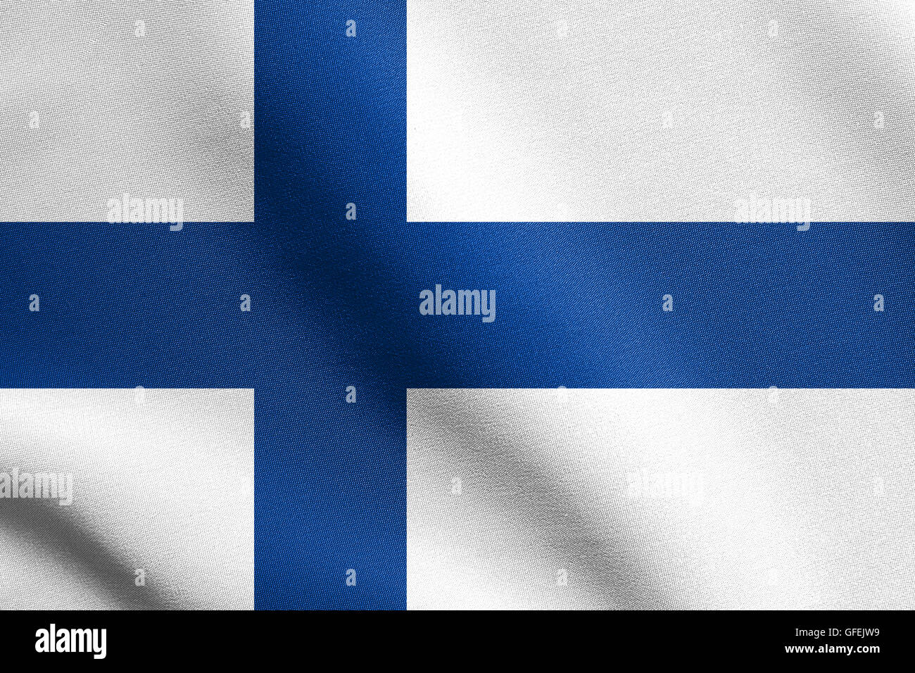 Bandiera della Finlandia sventolare nel vento con tessuto dettagliate texture. Il finlandese bandiera nazionale. Foto Stock