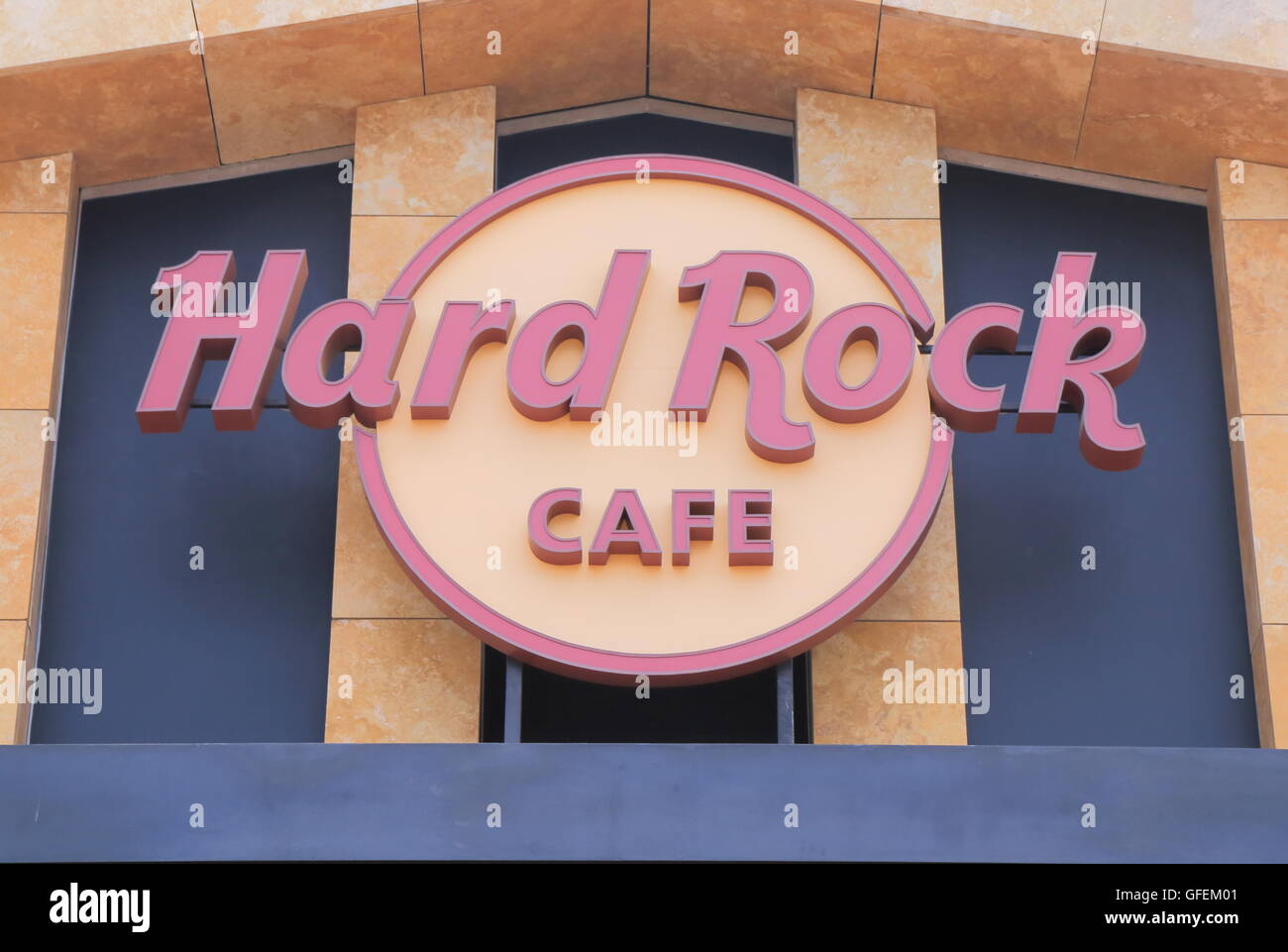 Hard Rock Cafe logo una catena americana del ristorante a tema fondata nel 1971. Foto Stock