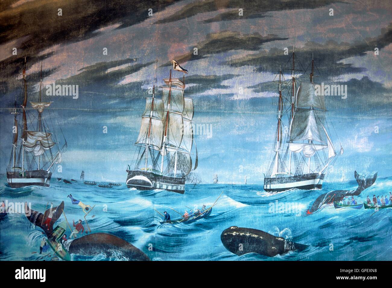 New Bedford Whaling Museum, Massachusetts. dettaglio del grande dipinto 19c. diorama che mostra la caccia alla balena harpooning scene Foto Stock