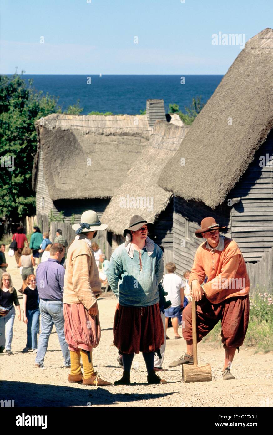 Plimouth Plantation. La ricostruzione dei Padri Pellegrini primi insediamento inglese. Plymouth, Massachusetts, New England, STATI UNITI D'AMERICA Foto Stock