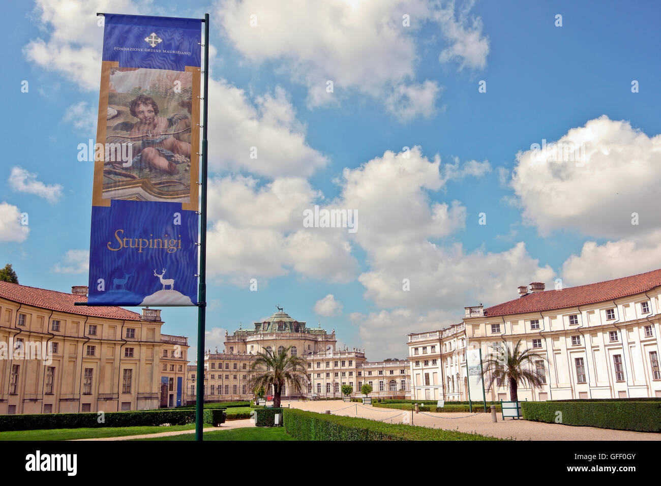 Banner al Palazzo di Caccia di Stupinigi. Residenze della Casa reale di Savoia. Stupinigi Provincia di Torino, Italia Europa. Sito Patrimonio dell'Umanità dell'UNESCO, 1997 Foto Stock