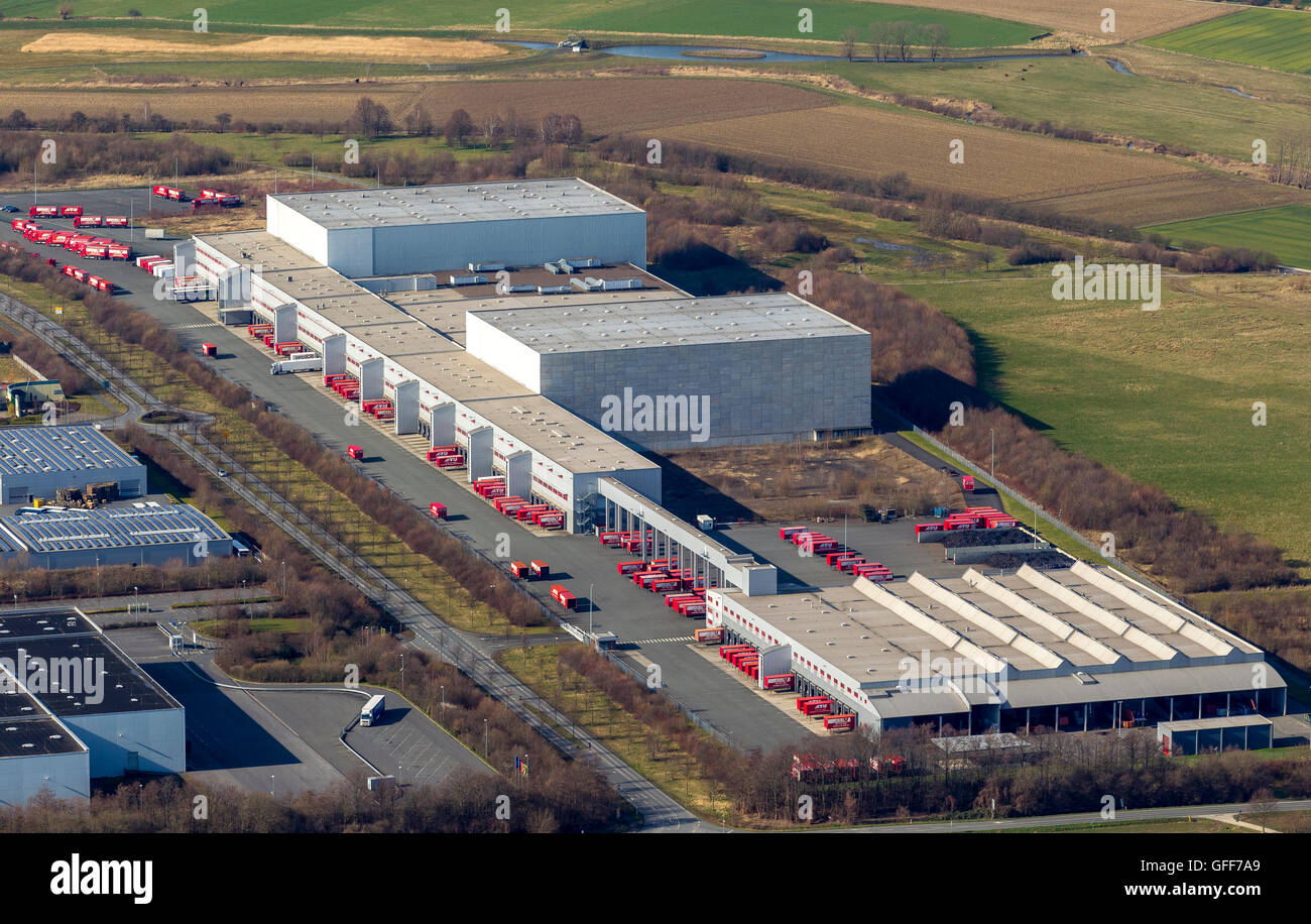 Vista aerea, accessori per auto costruttore ATU, magazzino centrale Werl, Logistica sale, red ATU-camion, Werl, Soester Plain, Foto Stock