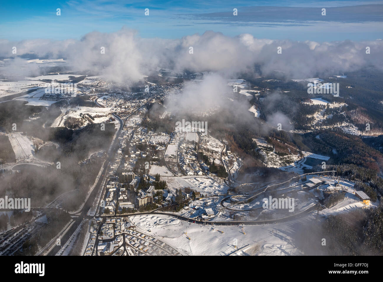 Vista aerea, inverno, neve foto aerea di Winterberg, Hochsauerlandkreis della Renania settentrionale-Vestfalia, Germania, Europa, vista aerea, Foto Stock