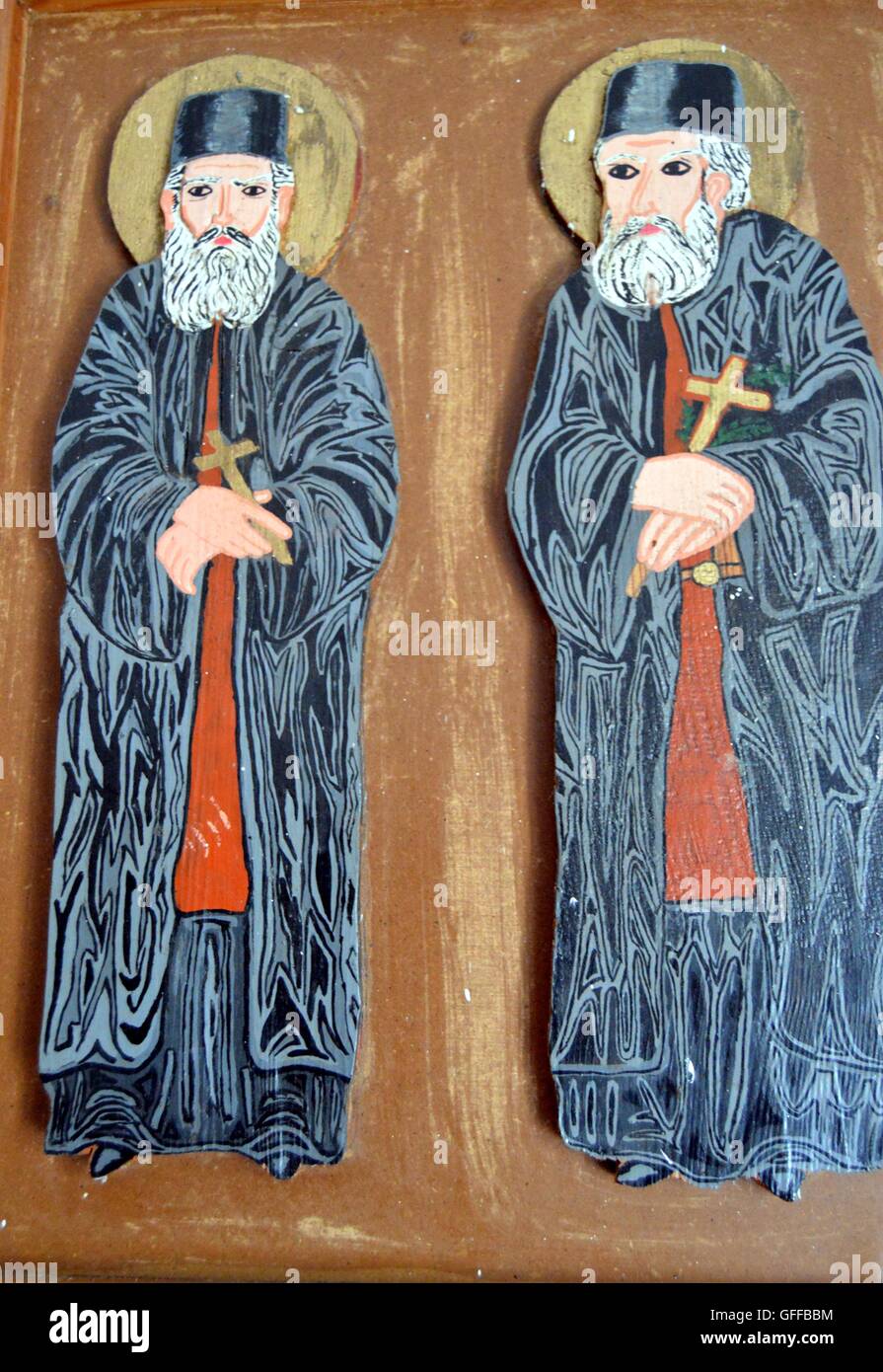 Due papi greco ortodosso di vernici a rilievo su di un'immagine. Foto Stock