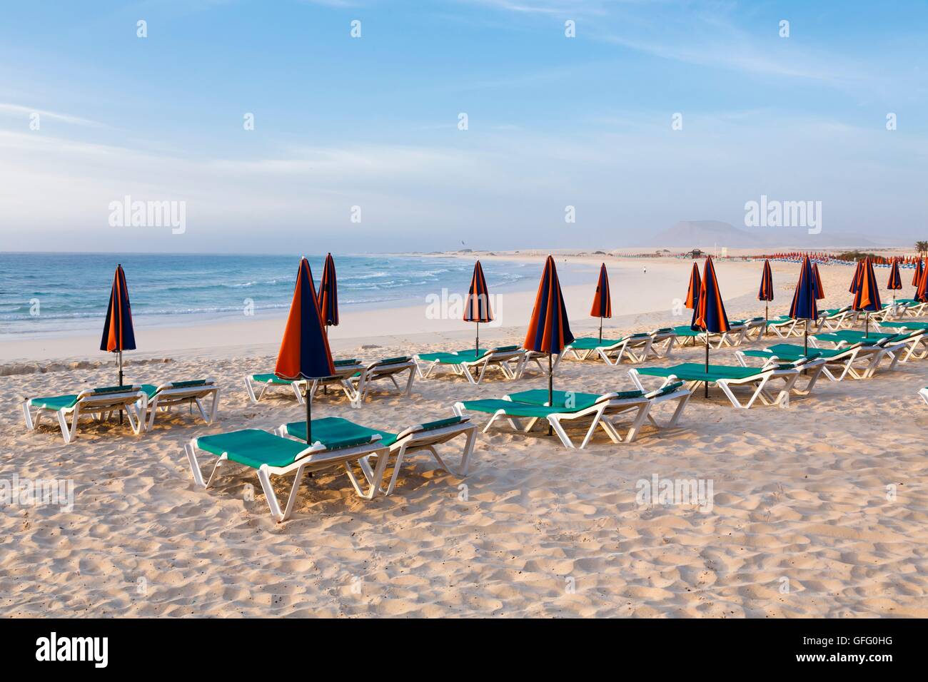 Fila di sedie a sdraio e ombrelloni sulla spiaggia Foto Stock