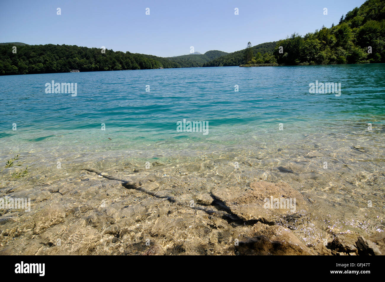 Plitvitce laghi. Vista da un lungolago Foto Stock