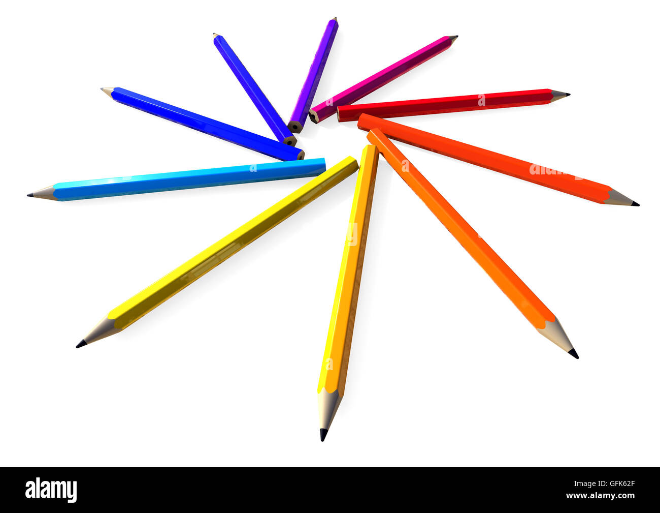 3D Render Image che rappresenta un cerchio di matite colorate Foto Stock