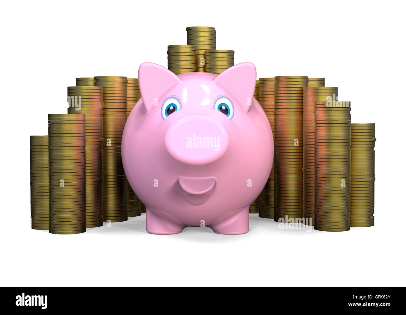 3D Render Image che rappresenta un salvadanaio con una pila di denaro Foto Stock