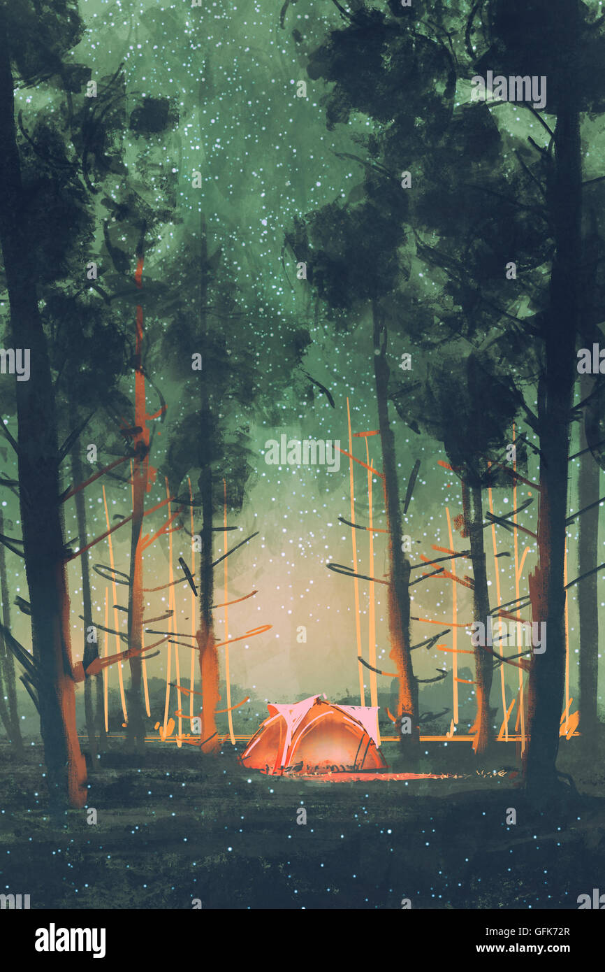 Campeggio nella foresta di notte con le stelle e le lucciole,immagine,pittura digitale Foto Stock
