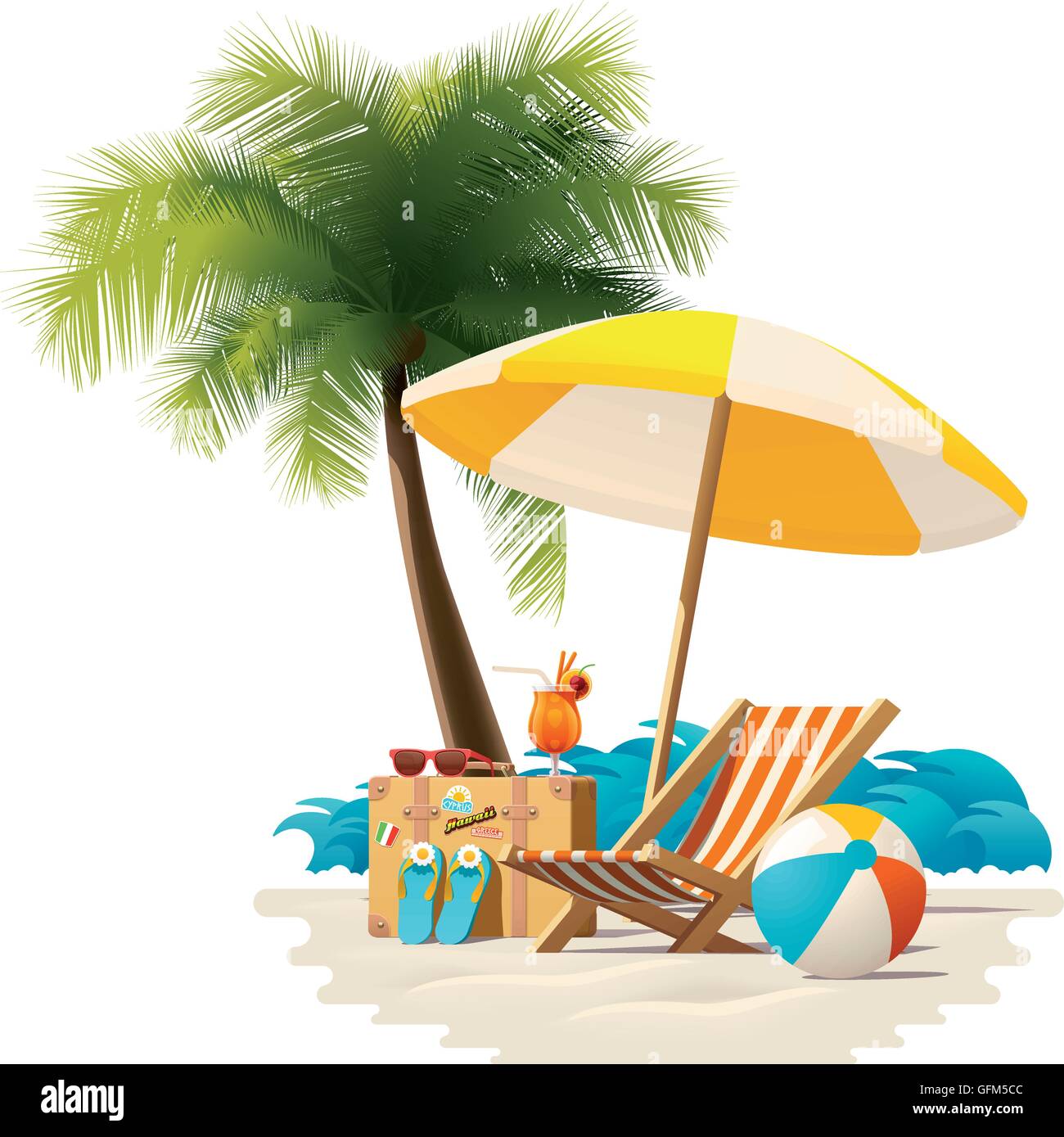 Vettore e viaggio estate spiaggia vacanza icona relax Illustrazione Vettoriale