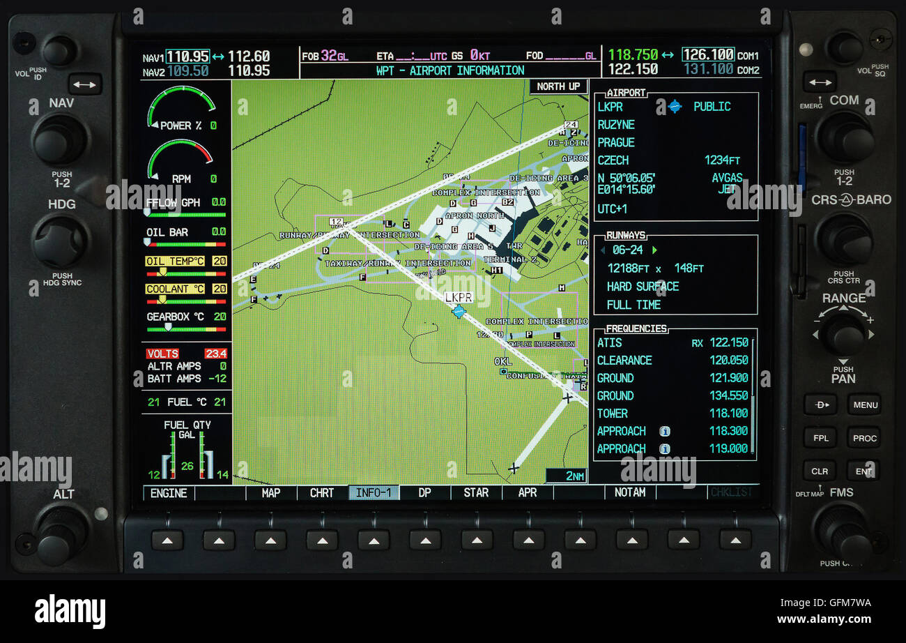 Aeroplano glass cockpit display G1000 con il radar meteo e gli indicatori del motore in piccolo aereo privato Foto Stock