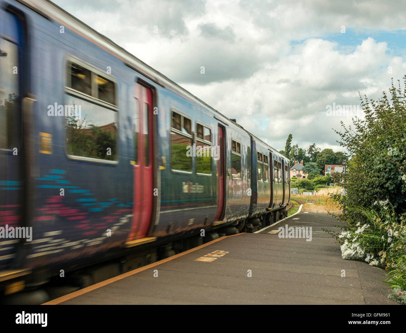 Primo grande Western treno arriva alla stazione di Exton legato per Exmouth viaggiando lungo il pittoresco Avocet linea costiera. Foto Stock