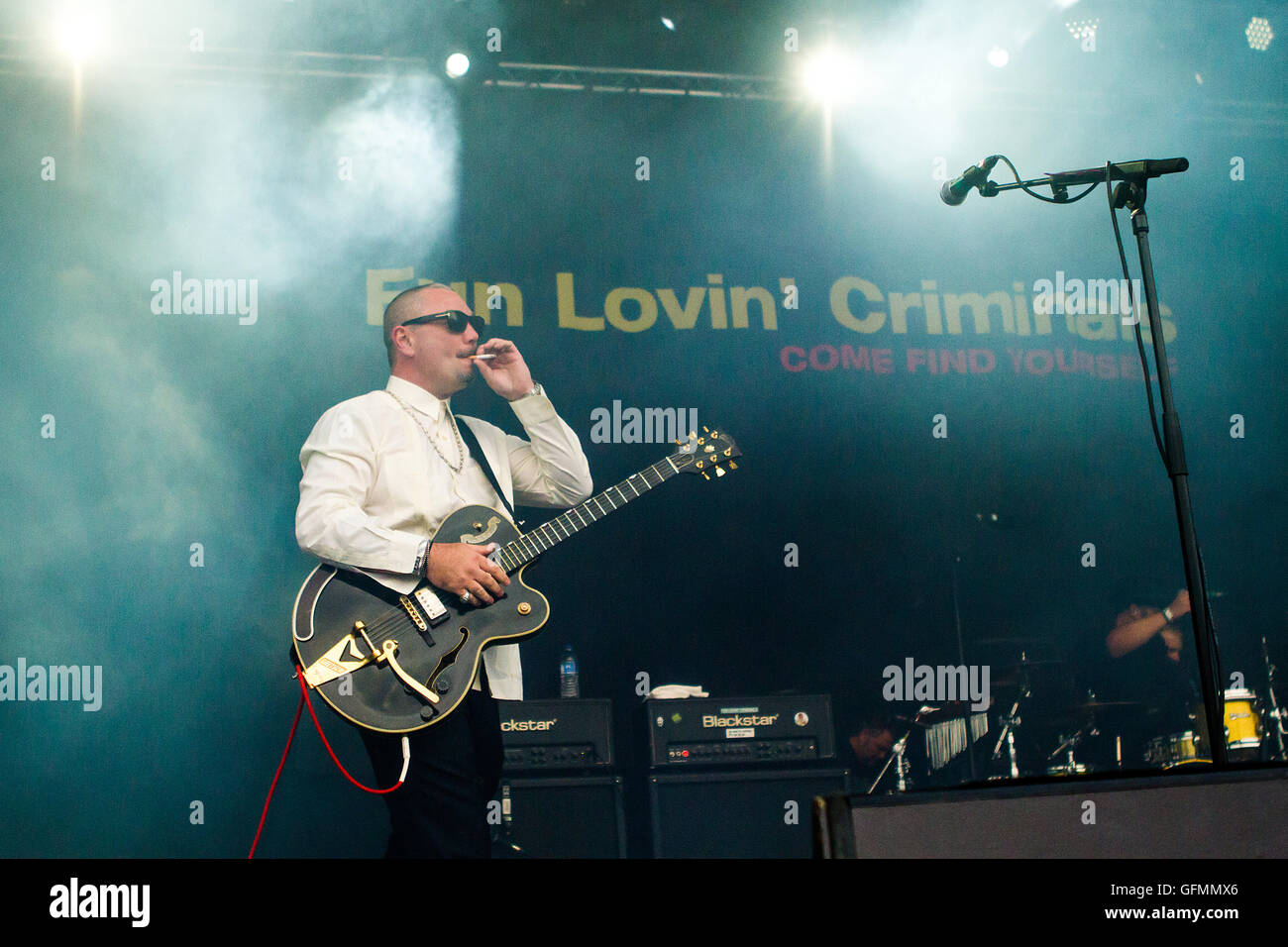 Pikehall, Derbyshire, Regno Unito. 31 Luglio, 2016. Fun Lovin criminali, Huey Morgan, Brian 'Veloce' Leiser' e Frank Benbini, eseguire a Y non Festival, Pikehall, Derbyshire, Regno Unito domenica 31 luglio 2016. Credito: Alex Williams/Alamy Live News Foto Stock