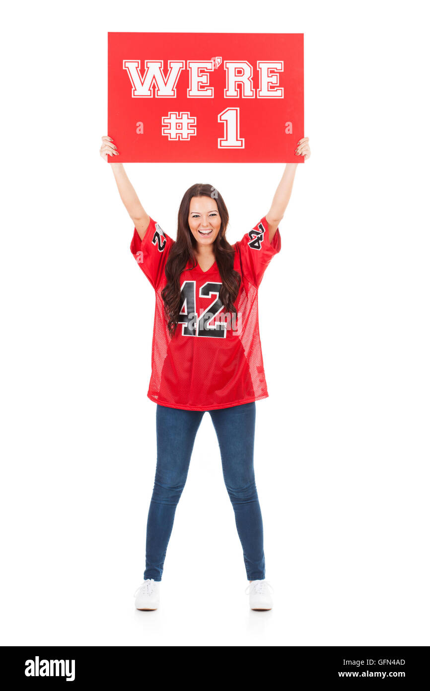 Pretty Woman in football jersey pronto per la stagione. Foto Stock