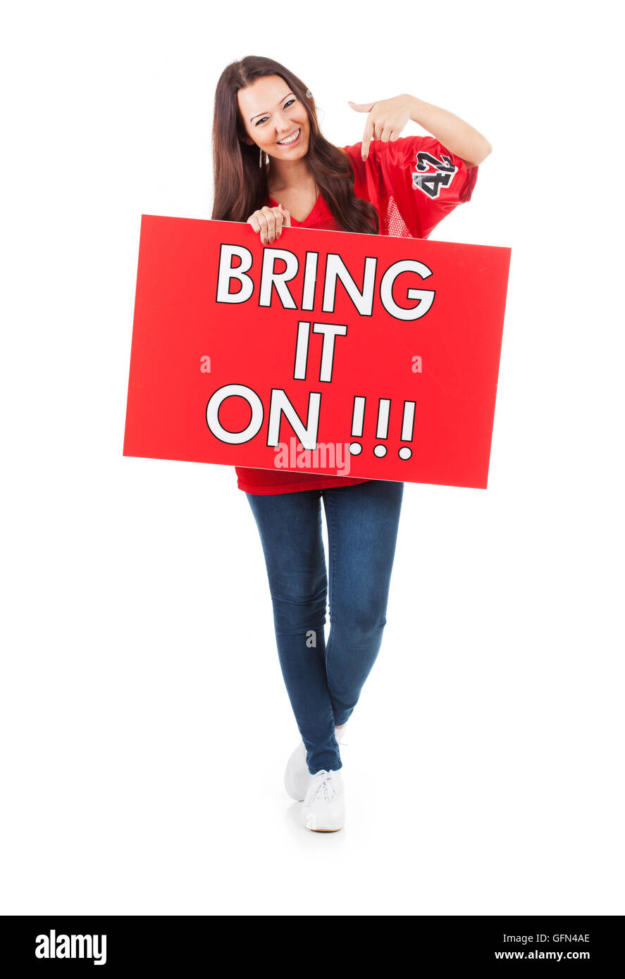 Pretty Woman in football jersey pronto per la stagione. Foto Stock