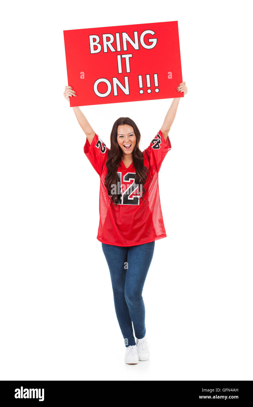 Pretty Woman in football jersey pronto per la stagione. Foto Stock