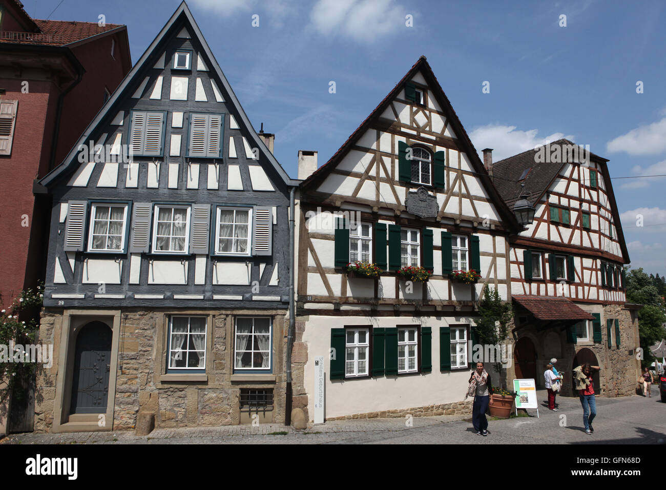 Tradizionale casa in legno e muratura dove Friedrich Schiller nasce nel 1759 a Marbach am Neckar, Baden-Württemberg, Germania. Foto Stock