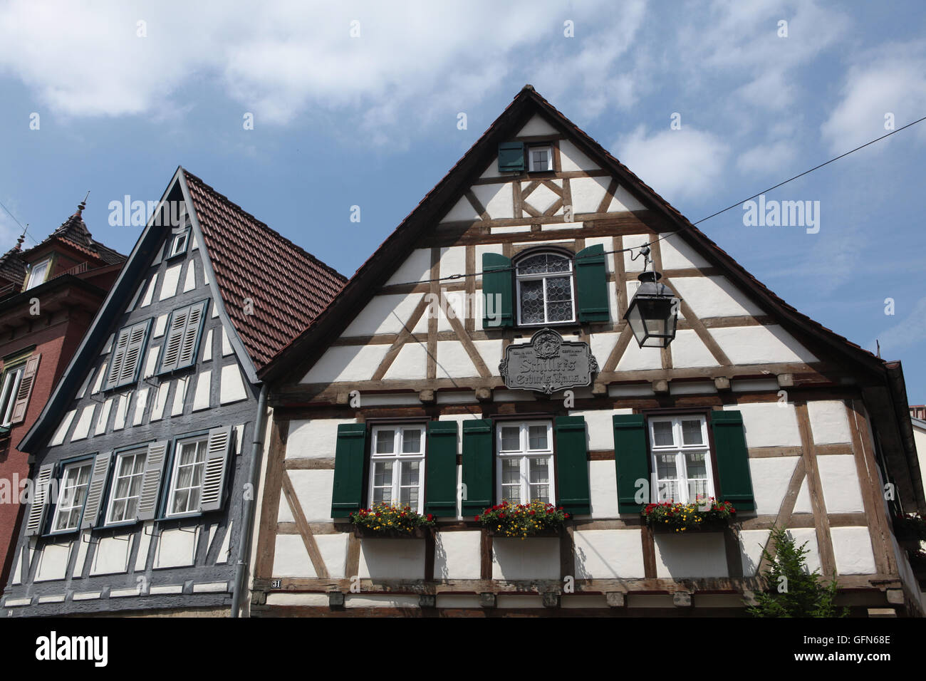 Tradizionale casa in legno e muratura dove Friedrich Schiller nasce nel 1759 a Marbach am Neckar, Baden-Württemberg, Germania. Foto Stock