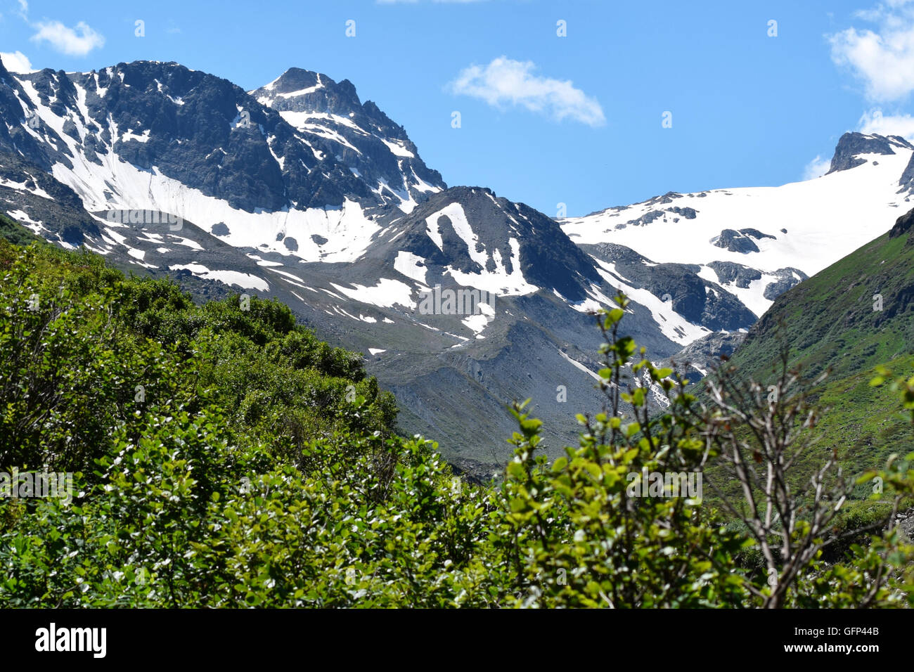 Estate nelle Alpi austriache al di sopra di Ischgl e Galtur, con montagne innevate sullo sfondo Foto Stock