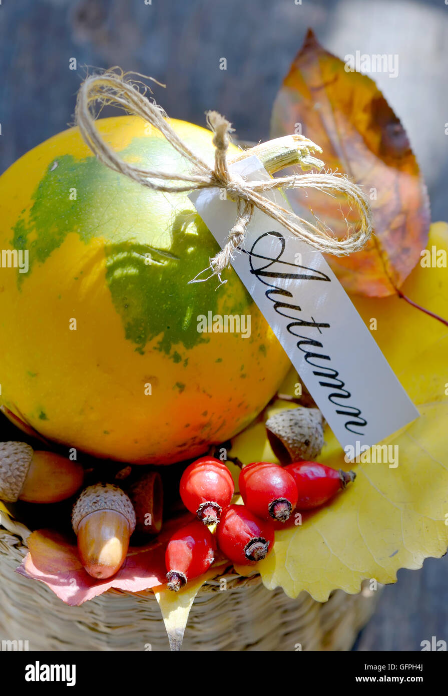 Autunno cesto con frutta e foglie in luce naturale Foto Stock