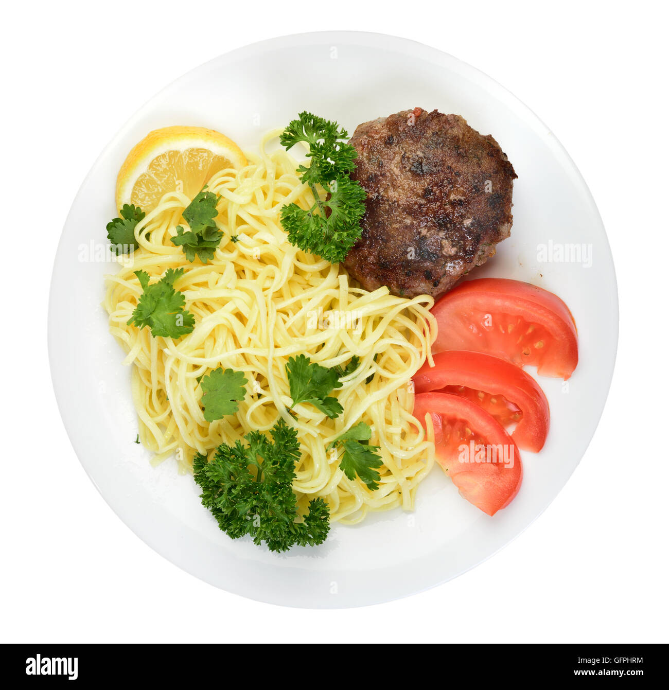 Spaghetti e polpette di carne sulla piastra isolata vista superiore Foto Stock