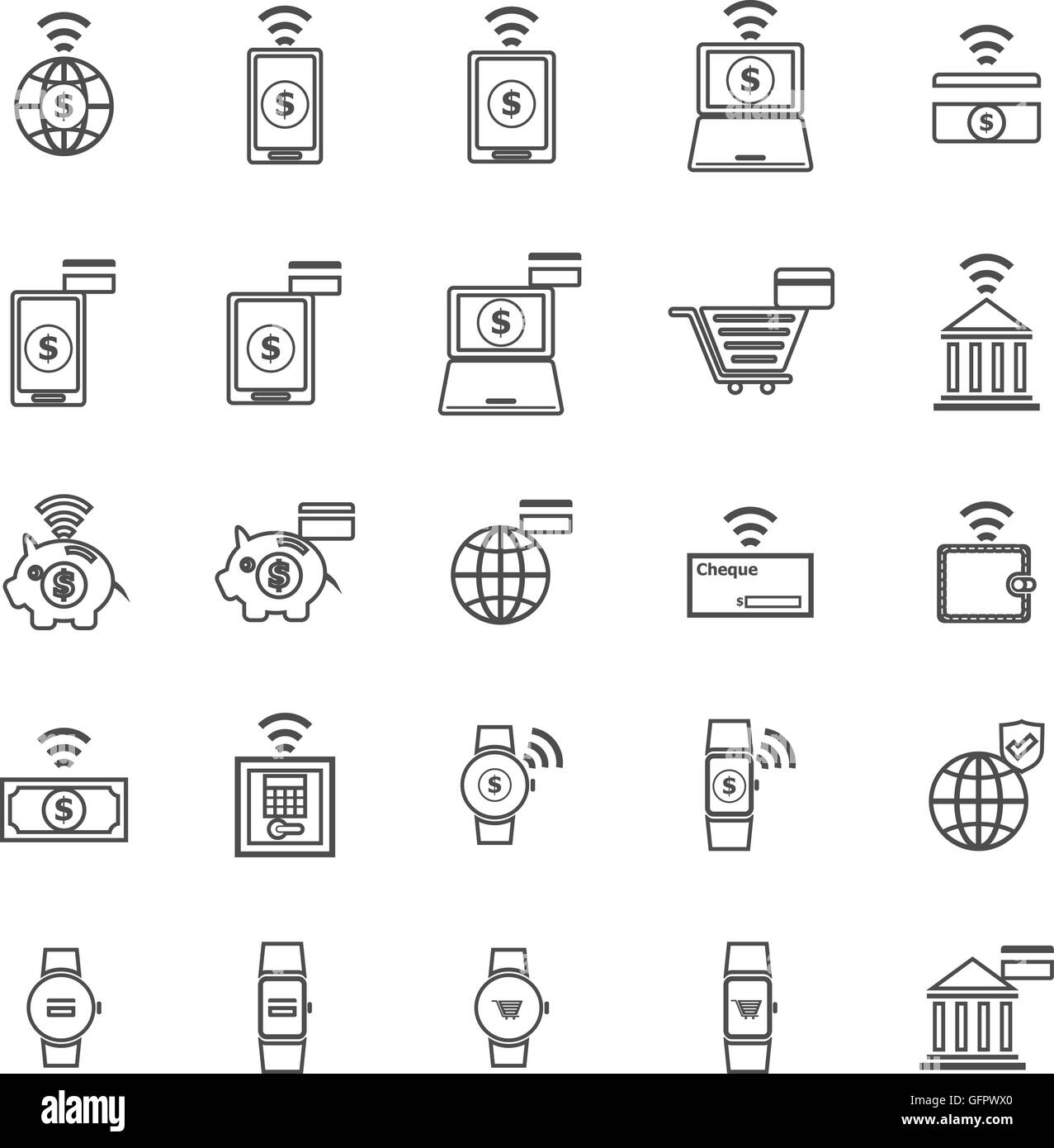 Linea di Fintech icone su sfondo bianco, vettore di stock Illustrazione Vettoriale