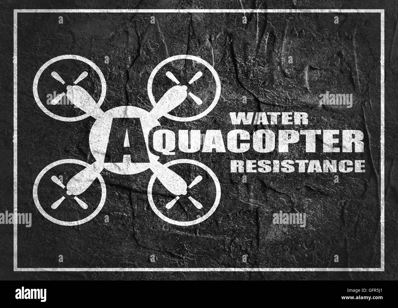 Icona del drone. Simbolo di piatto. Testurizzato di calcestruzzo. Aquacopter resistenza all'acqua del testo. Immagine monocromatica Foto Stock