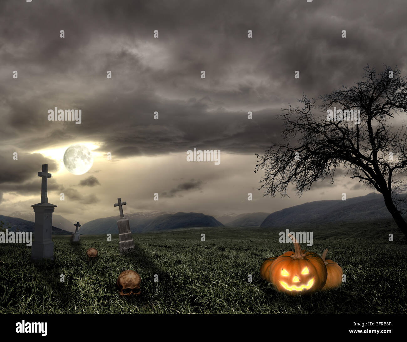 Spooky cimitero di Halloween con la zucca Foto Stock