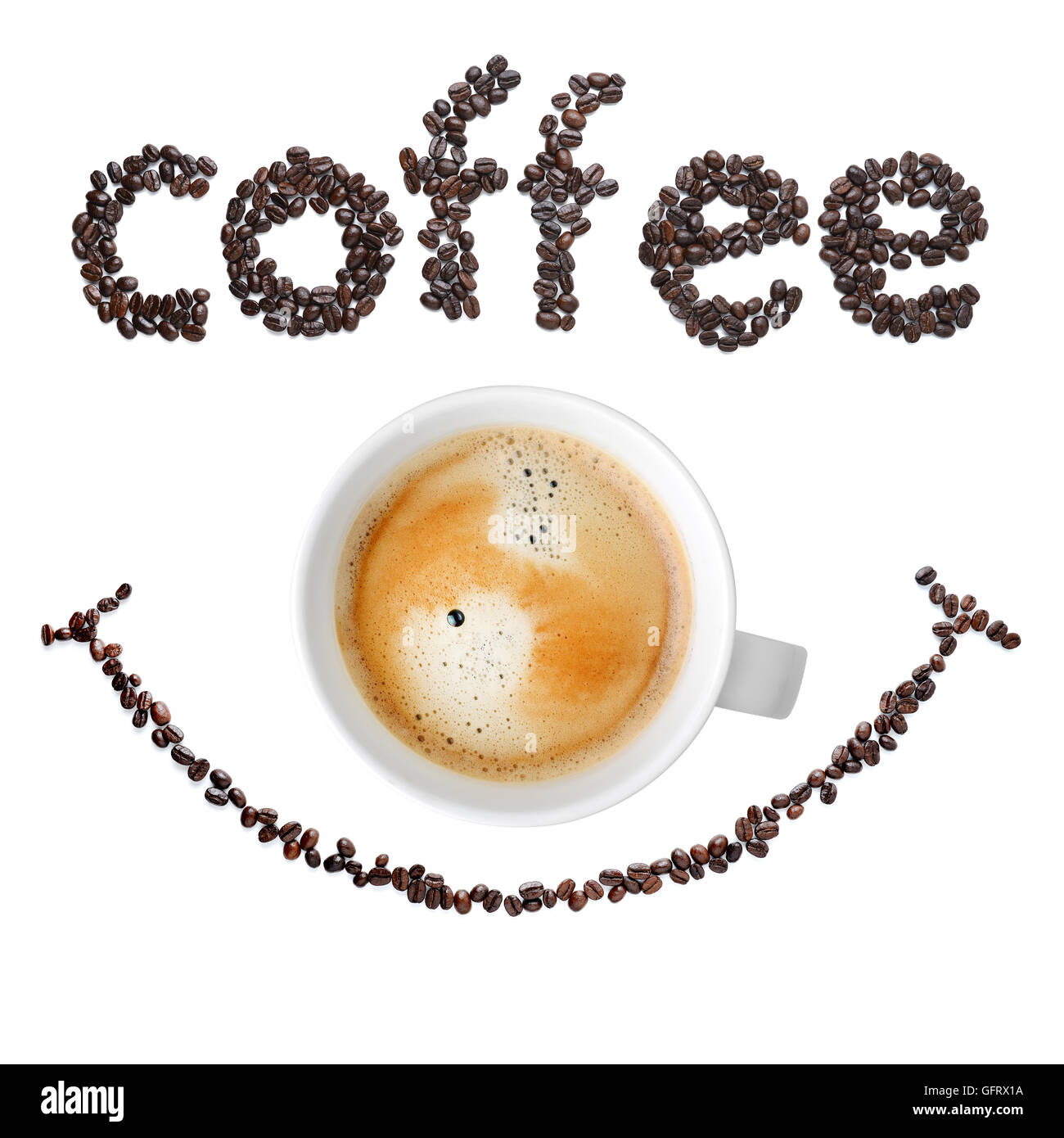 I chicchi di caffè con tazza di caffè è il sorriso Foto Stock