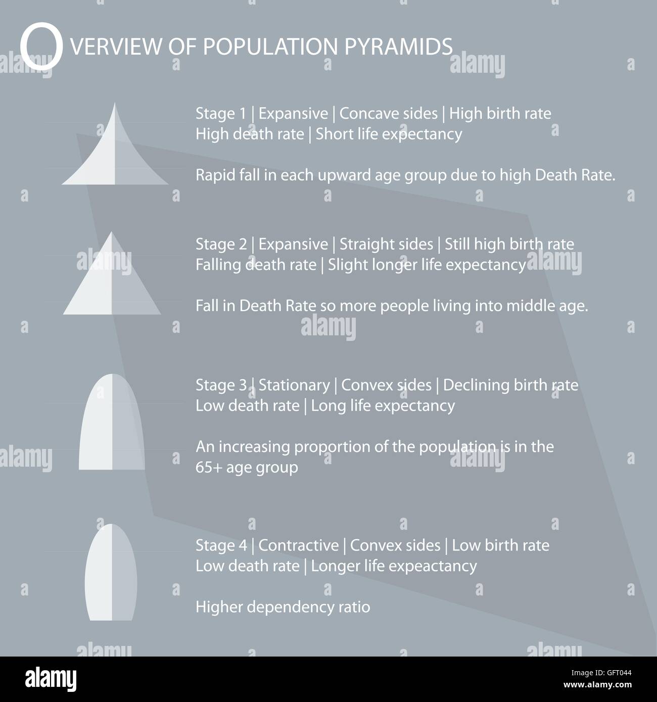 Popolazione e demografia, illustrazione di 4 tipi di popolazione piramidi grafico o la struttura di età grafico. Illustrazione Vettoriale