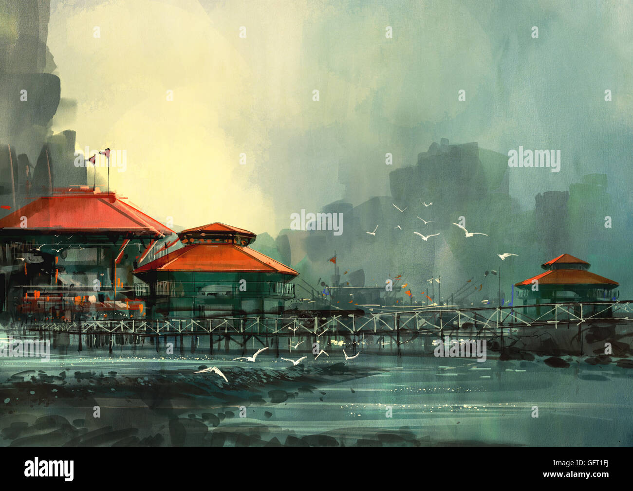 Paesaggio del bellissimo porto,villaggio di pescatori,pittura digitale Foto Stock