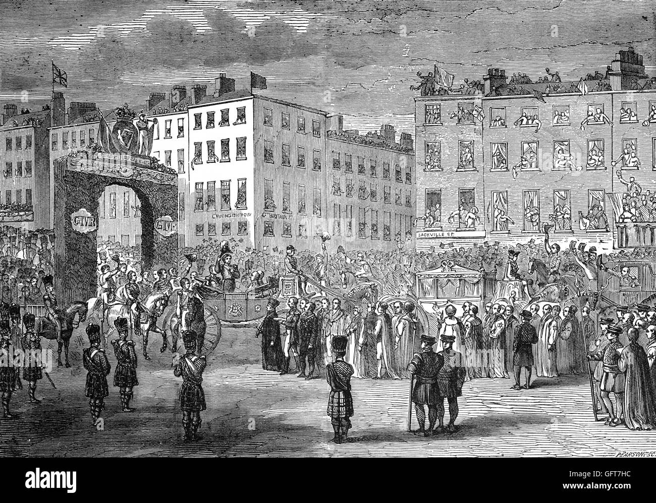La voce di George IV a Dublino attraverso un arco trionfale di Sackville Street, più tardi O'Connell Street, Irlanda Foto Stock