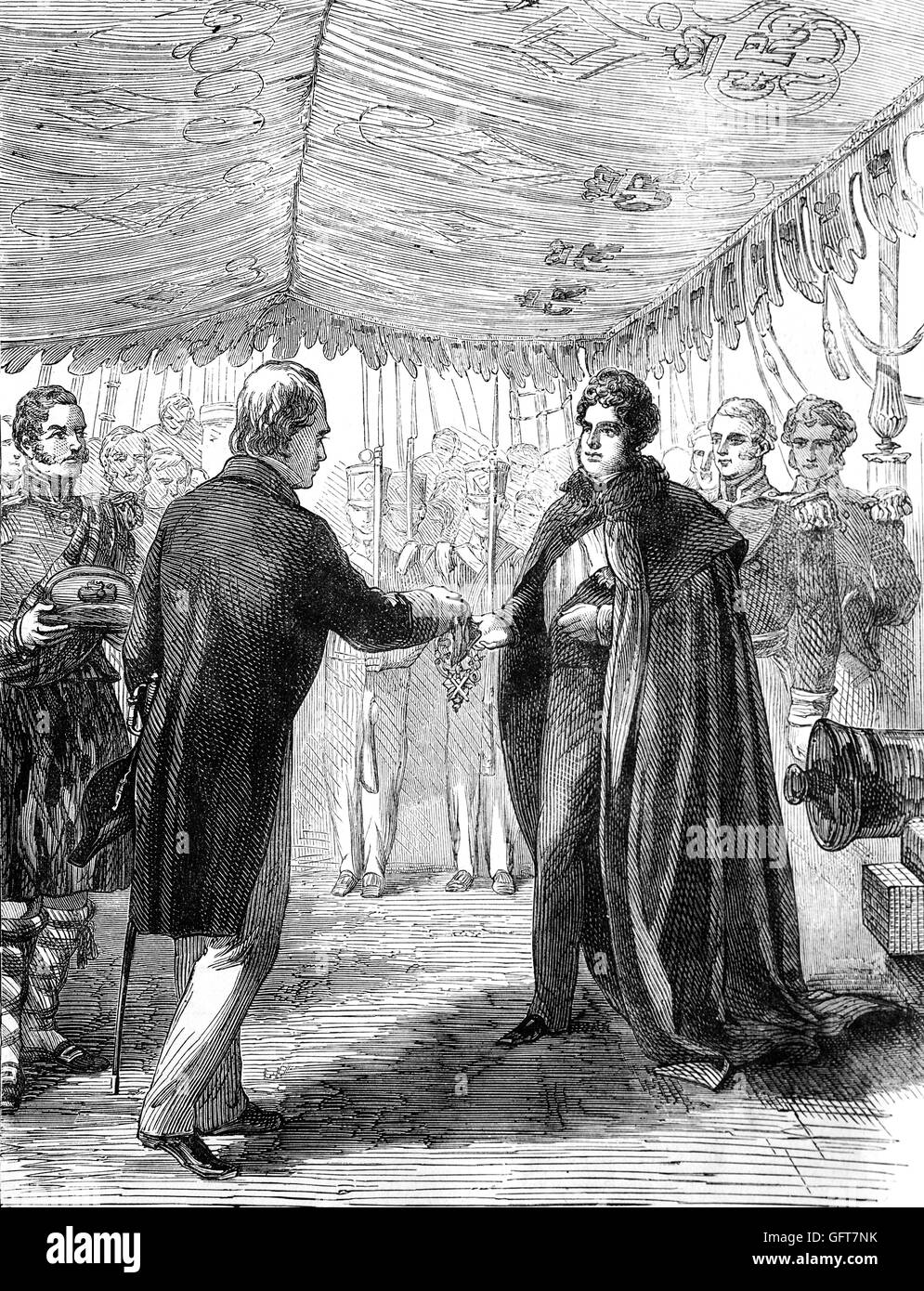 Sir Walter Scott presentando la croce di Sant'Andrea a Re Giorgio IV in !822, l'evento ha avuto luogo nel Castello di Edimburgo, Scozia Foto Stock