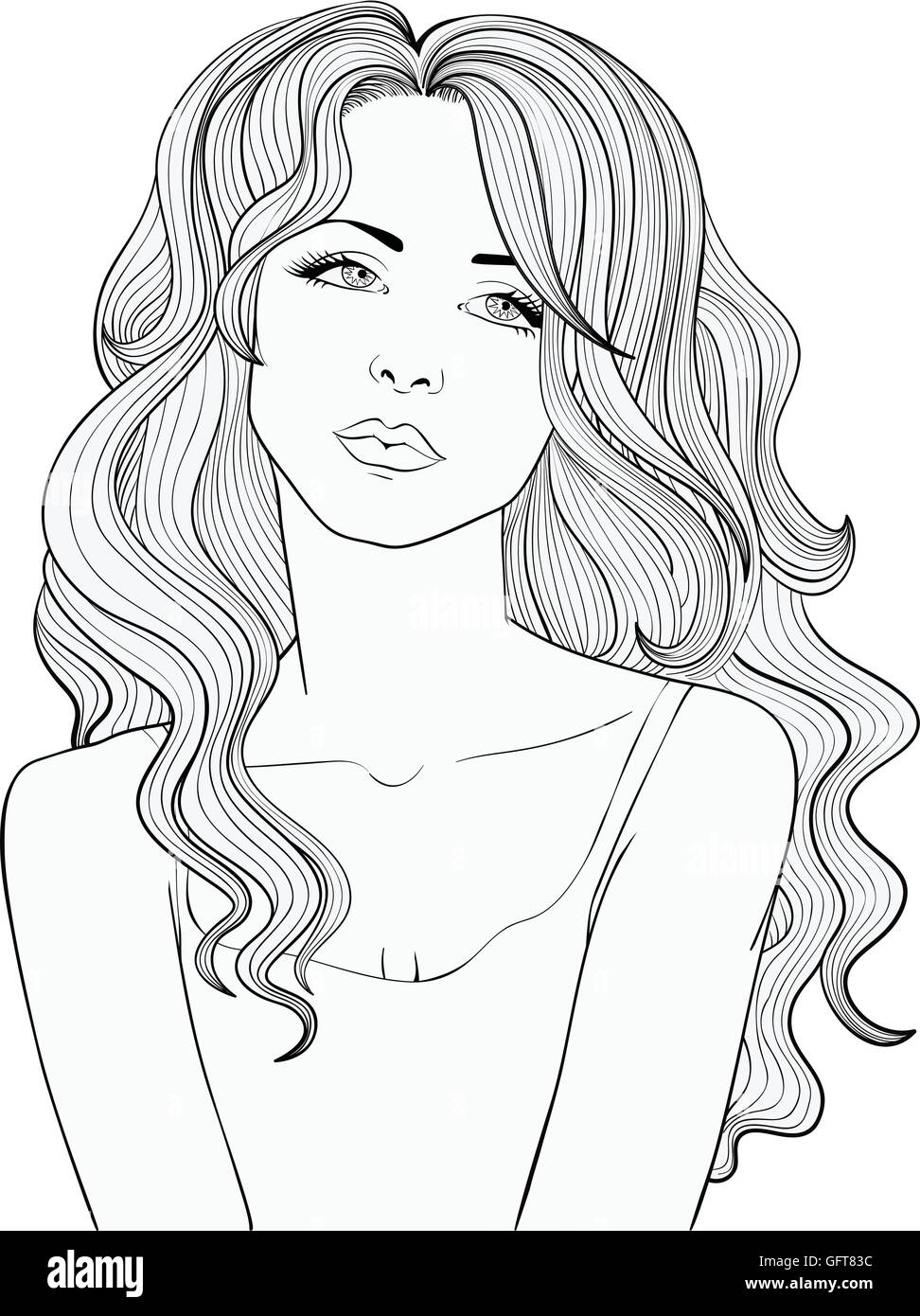 La linea di disegno vettoriale di una bella ragazza con lunghi capelli ondulati. Illustrazione Vettoriale