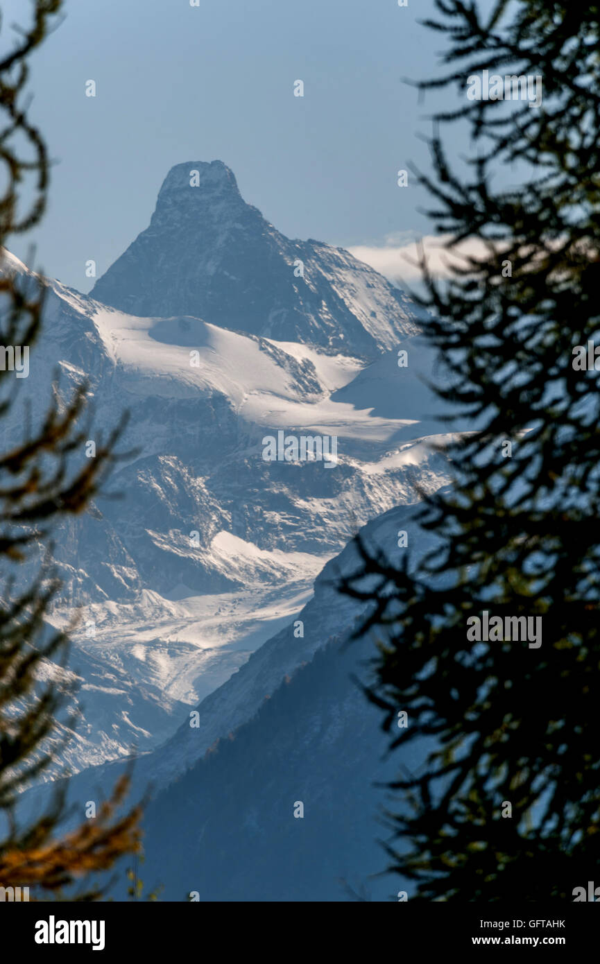Una vista della parete nord del Cervino, dalla Val d'Anniviers e St Luc in Vallese cantone della Svizzera. Foto Stock