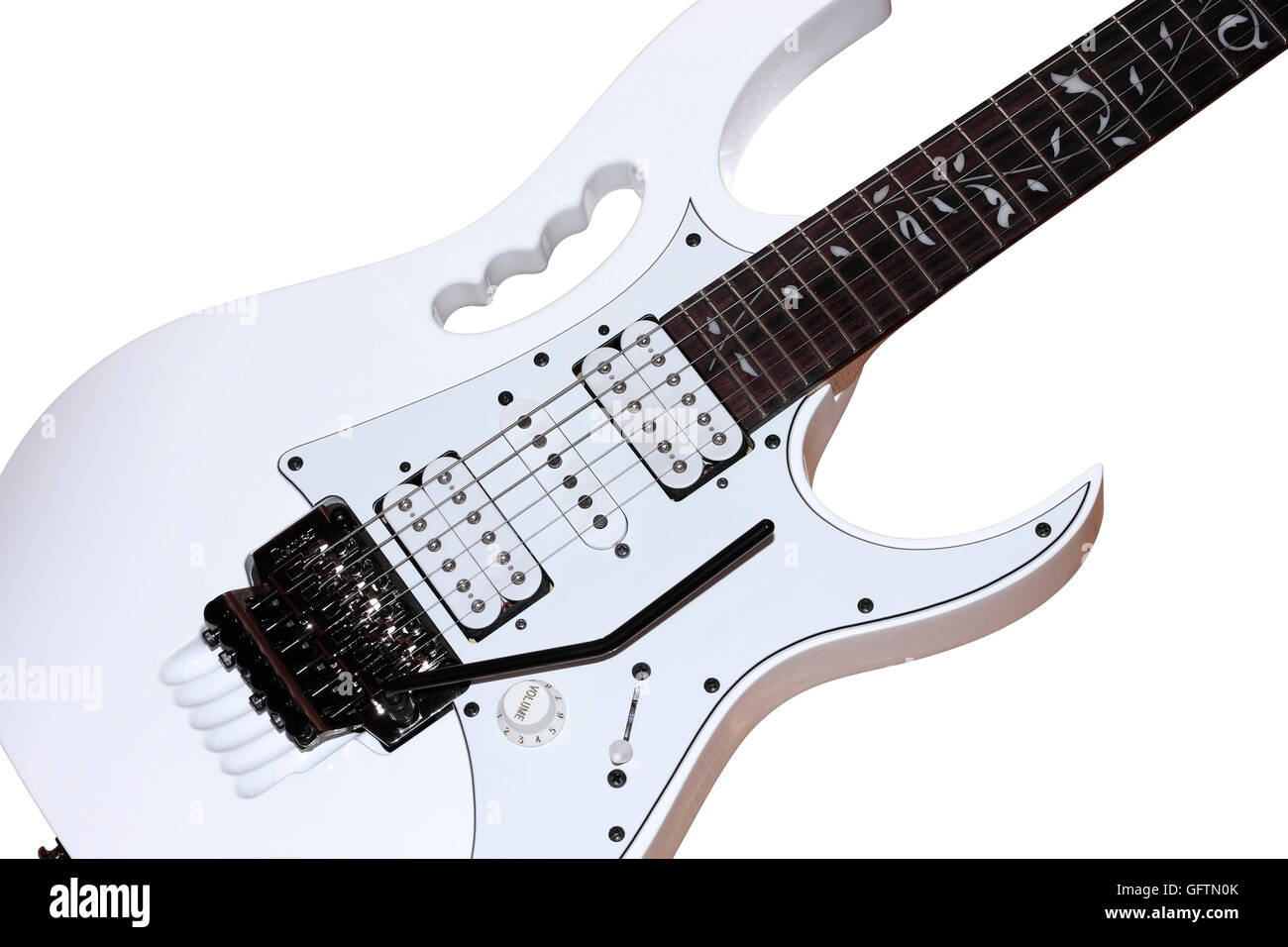 Un bianco Ibanez Jem Jnr superstrat elettrico chitarra stile isolato su uno sfondo bianco Foto Stock