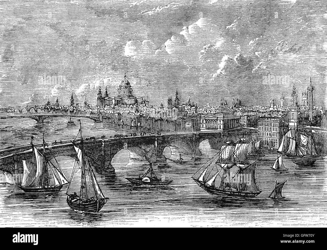 Il vecchio di 600 anni il London Bridge era stretta e decrepito e bloccato il traffico fluviale. Nel 1799, un bando di concorso per la progettazione di sostituire il vecchio ponte è stato trattenuto. John Rennie ha vinto il concorso con un disegno convenzionale di cinque archi in pietra. I lavori iniziarono nel 1824 e la prima pietra è stata posata nel sud del forziere della diga, il 15 giugno 1825. In Inghilterra. Foto Stock