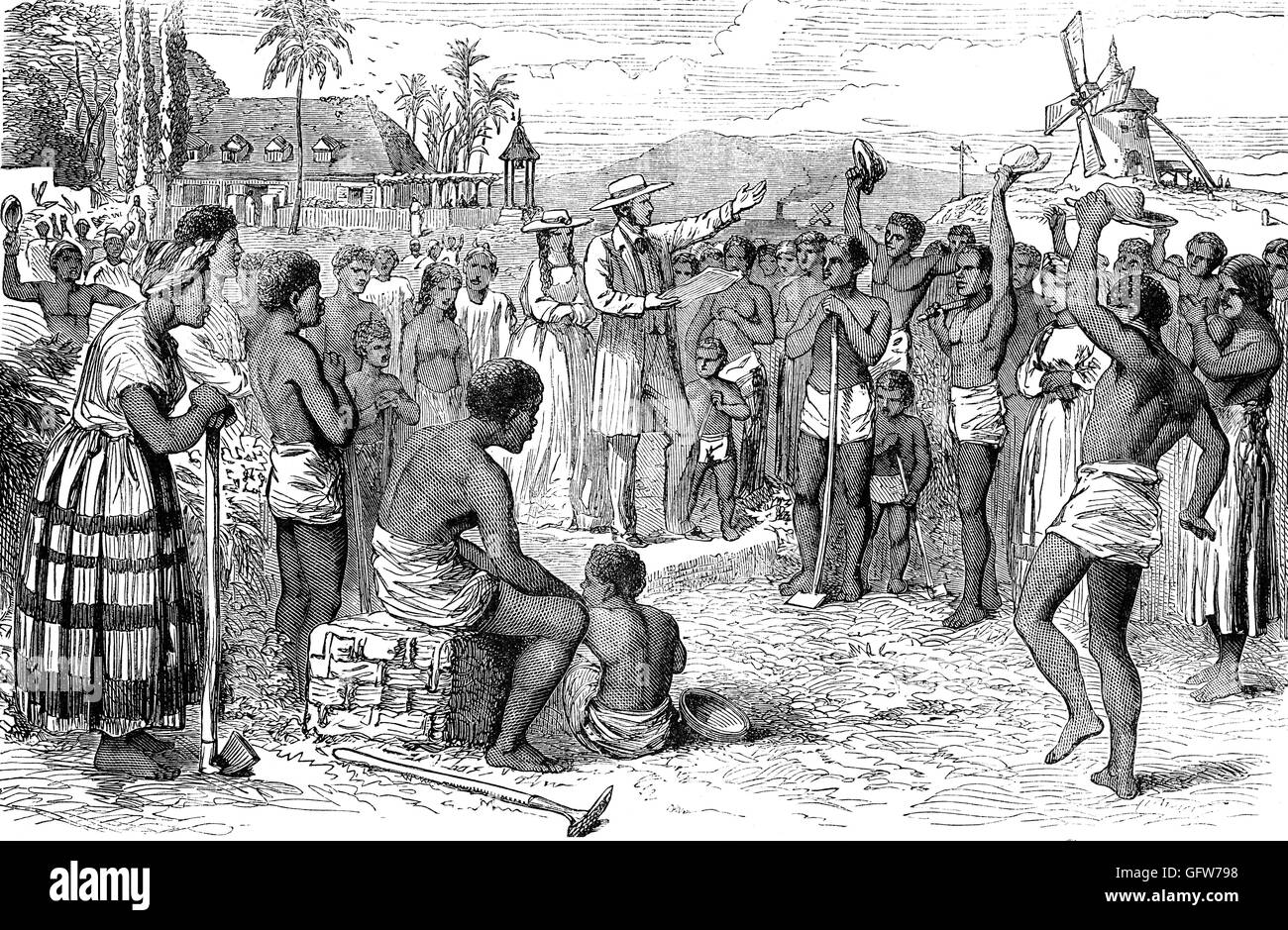 Dopo l abolizione della schiavitù nell'impero britannico, schiavi su un West Indian piantagione sono data la loro libertà. Foto Stock