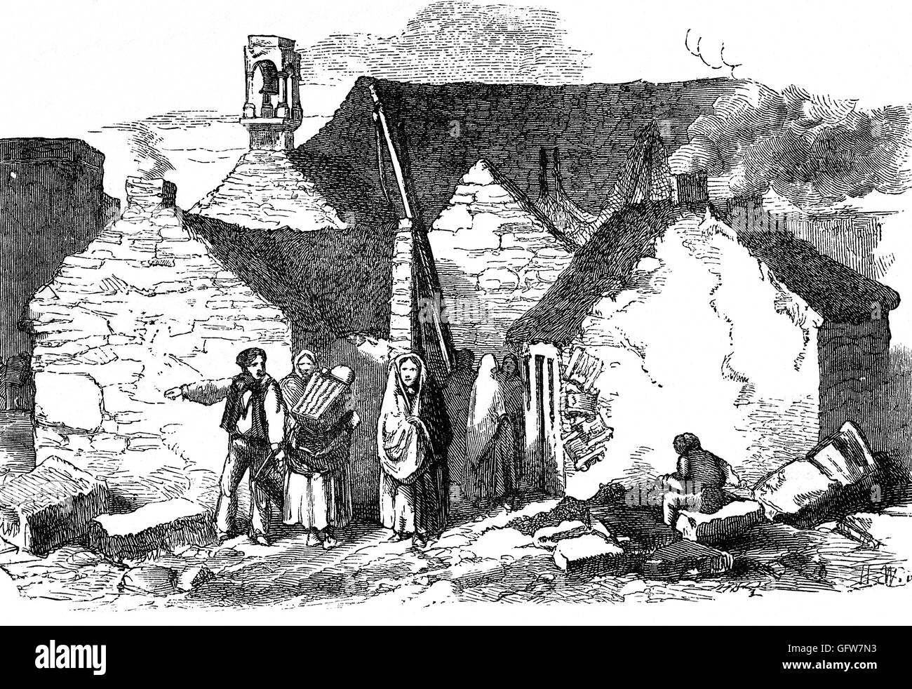 Cottage contadina sulla costa occidentale dell' Irlanda nel 1835 quando le politiche sul mais stava cominciando a creare maggiore povertà. Foto Stock