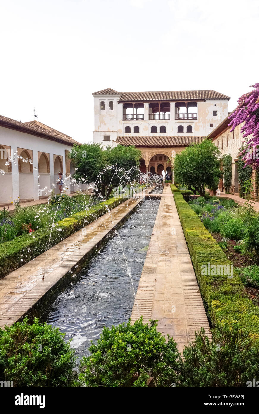 Vista del Patio de la Acequia nel palazzo del Generalife, Alhambra Nasrid Emiri, kings, Granada, Andalusia, Spagna. Foto Stock