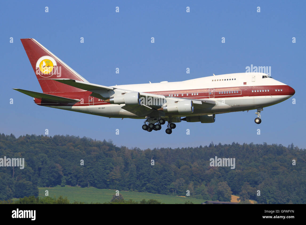 Zurigo/Svizzera Agosto 2, 2014: Boeing 747Sp Dal Quatar Amiri volo all'aeroporto di Zurigo. Foto Stock