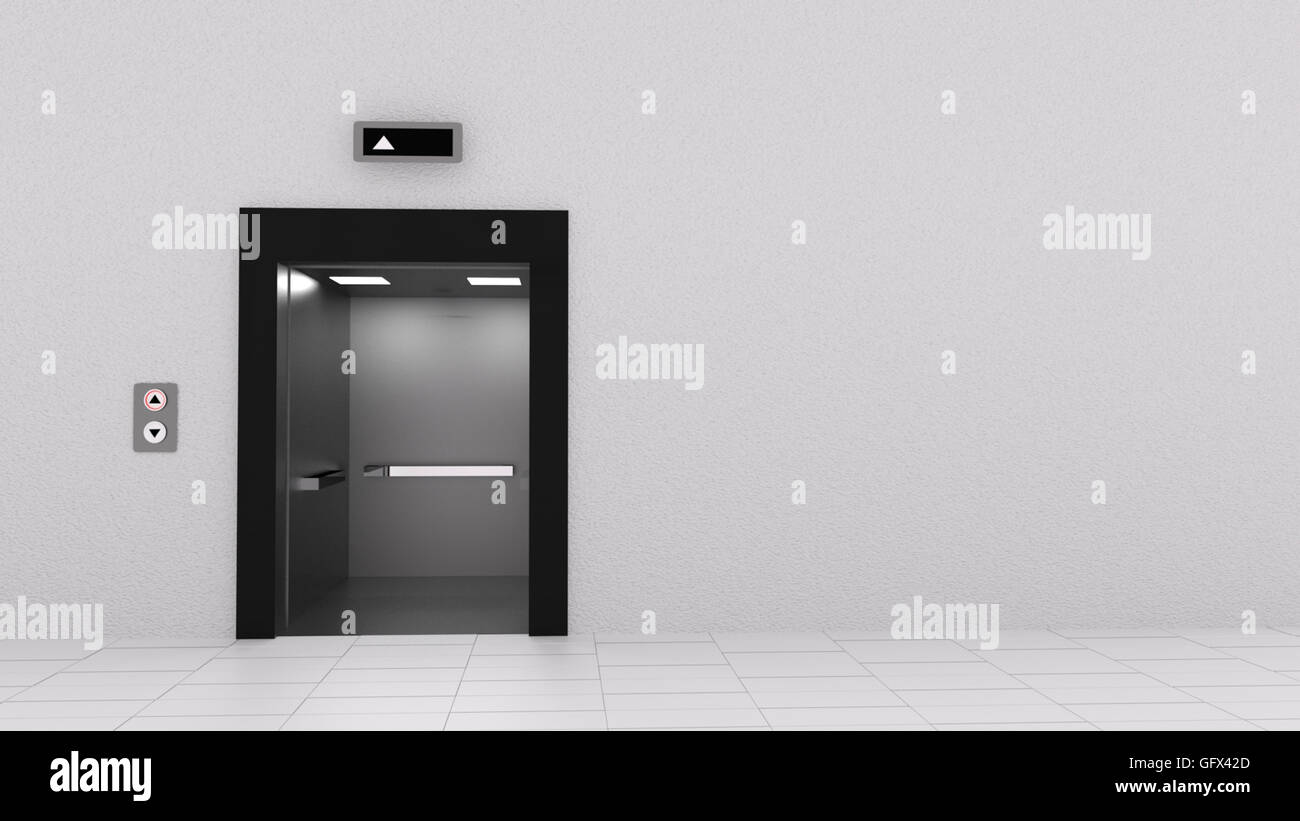 3D rendering di ascensore con porta aperta andando fino Foto Stock