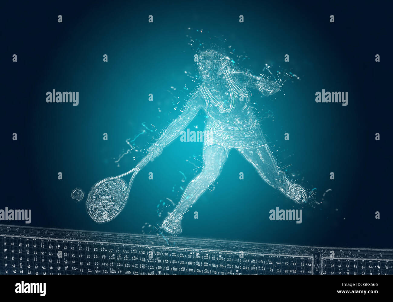 Illustrazione astratto del giocatore di tennis in azione. Cristallo effetto ghiaccio Foto Stock