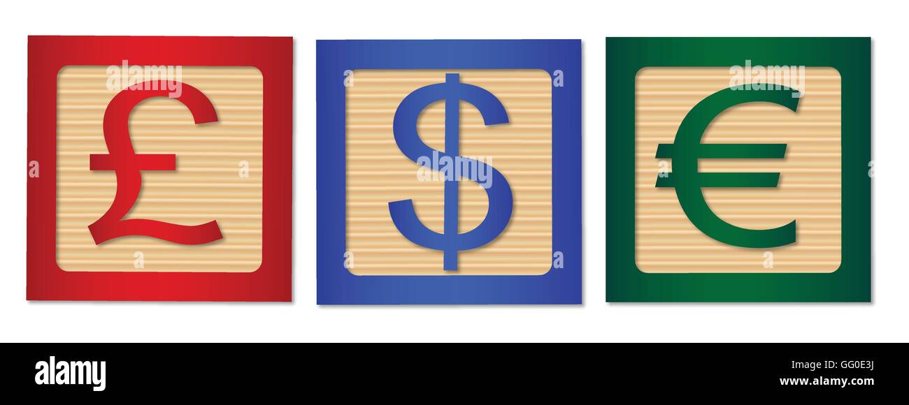 Blocchi di legno che danno le indicazioni finanziarie per dollaro, sterline ed euro Illustrazione Vettoriale